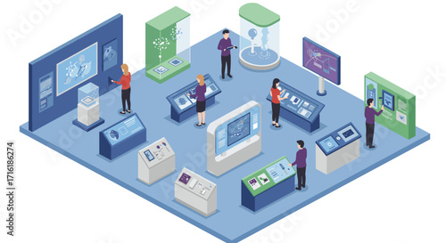 Interactive science exhibition isometric room with technology displays and digital devices