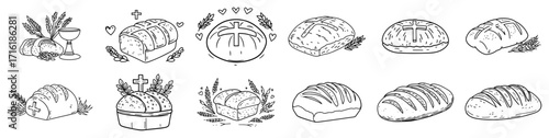 Collection of Hand Drawn Bread and Christian Communion Symbols black shape vector laser cutting engraving monochrome print