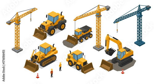 Construction equipment set with bulldozers, cranes, and excavator in isometric style