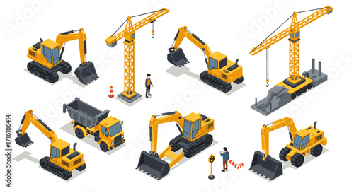 Isometric construction machinery set: excavators, cranes, dump trucks, and workers