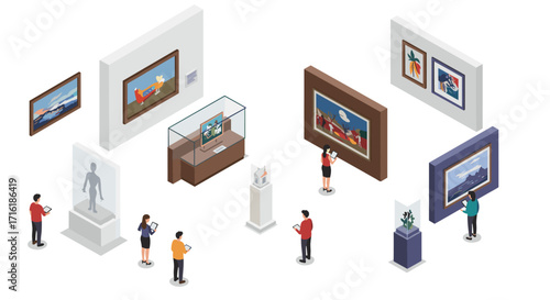 Isometric art gallery scene with visitors observing paintings and sculptures