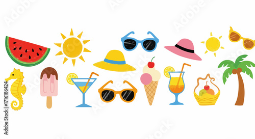 Vibrant summer vacation icons featuring watermelon, ice cream, cocktails, and beach essentials