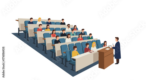 University lecture with students in auditorium classroom setting
