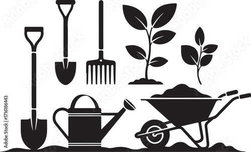 Gardening tools and plants for growth and planting