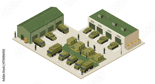 Modern military base with vehicles and personnel in isometric view