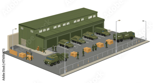 Isometric military base warehouse with vehicles and personnel in urban setting