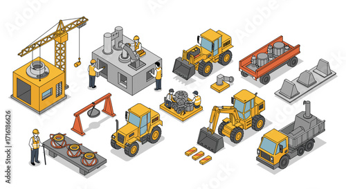 Isometric construction site with machinery and workers in action