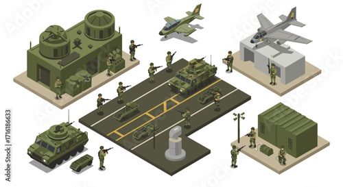 Isometric military base with soldiers, vehicles, aircraft, and buildings