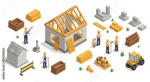 Isometric construction site with workers, equipment, and building materials