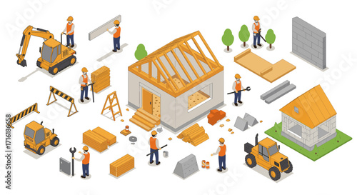 Isometric construction site with workers and machinery building a house