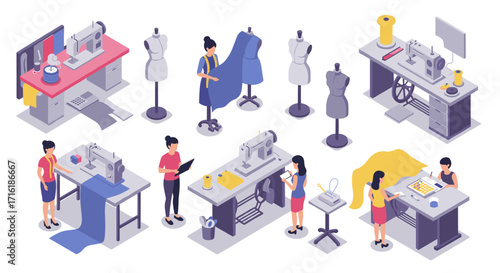 Seamstress workshop with sewing machines and fabric in isometric design