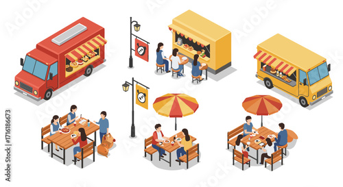 Isometric food trucks and outdoor dining scenes with people
