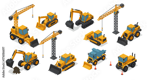 Isometric construction equipment set featuring cranes and excavators