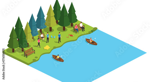 Scenic isometric park with people, boats, and pine trees by the lake