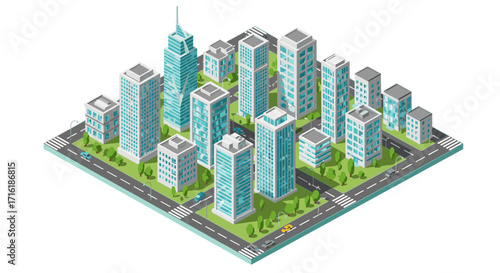 Futuristic urban skyline with modern isometric city infrastructure and streets