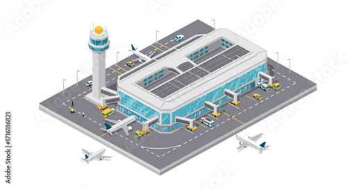 Modern airport terminal isometric view with control tower and airplanes