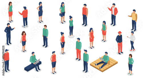 Diverse group of isometric people in casual wear on a white background