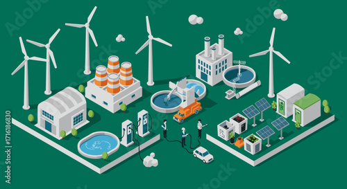 Sustainable energy and technology isometric concept with wind turbines and solar panels