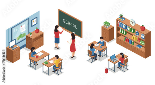 Isometric classroom scene with students and teachers in school environment