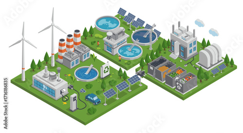 Isometric renewable energy park with wind and solar power facilities