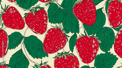 Colorful strawberry pattern with green leaves on light background  