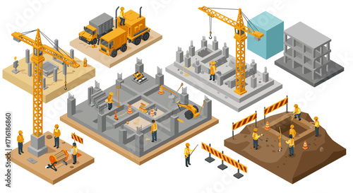 Construction site elements with workers and machinery in isometric view