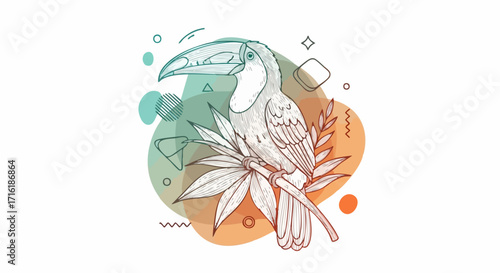Vibrant toucan perched on tropical leaves with abstract geometric shapes and gradient background