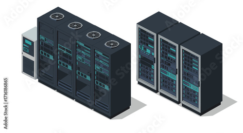 Modern isometric data center racks with cooling systems and network equipment