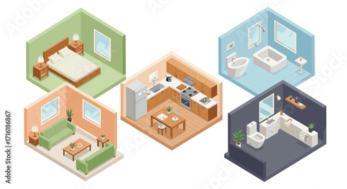 Isometric interior design of house rooms with bedroom, kitchen, living room, bathroom layout