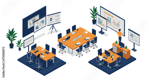 Modern isometric office meeting room with collaborative workspace and presentation area