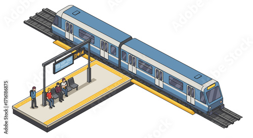 Isometric city train station with passengers on platform and modern commuter train