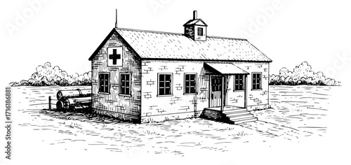 Hand Drawn Sketch of an Old Rural Clinic Building