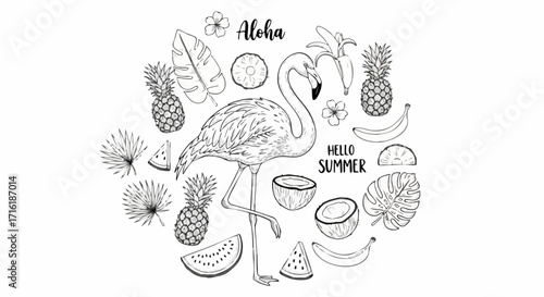 Charming hand-drawn flamingo surrounded by tropical fruits and leaves, perfect for summer vibes