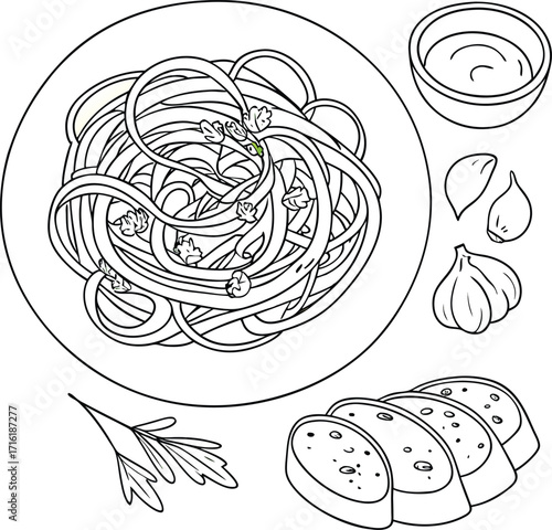 Delicious pasta with garlic bread on a plate for advertising
