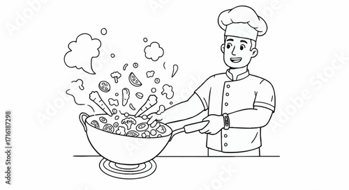 Happy cartoon chef character cooking a stir fry, tossing fresh vegetables in a wok. Black and white line art vector illustration