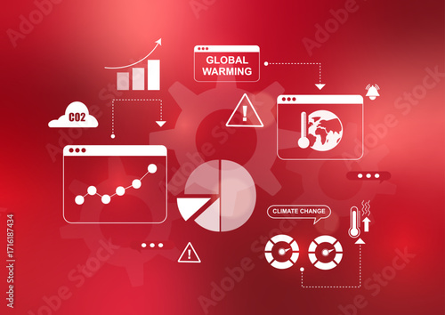 Global Warming Red Dashboard Analytics Climate Data. Global warming analytics with CO2 charts, temperature graphs, warning alerts and climate change data visualization. Vector illustration