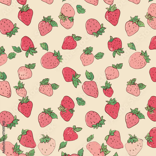 Pattern of hand-drawn strawberries on a creamy background  