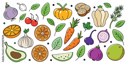 Colorful assortment of fresh fruits and vegetables for healthy eating and cooking