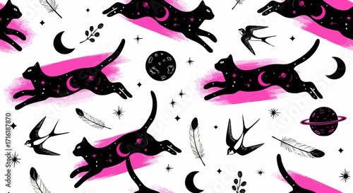 Whimsical celestial cats pattern with stars, planets, and moons for magical designs and unique background