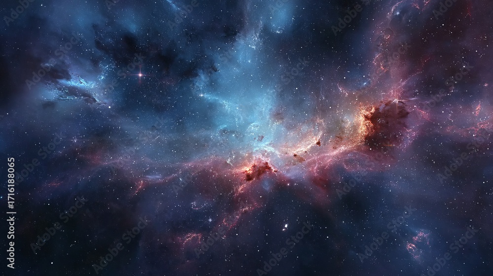 Fototapeta premium Vast cosmic nebula with glowing gas clouds and star formations in deep space