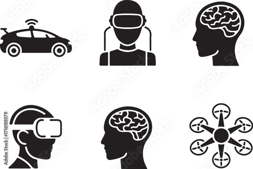 Future tech icons: AI, VR, drone, auto
