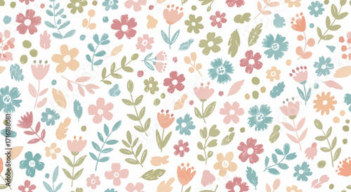 Charming pastel floral pattern with whimsical sketched flowers and leaves, perfect for spring.