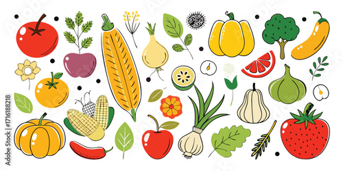 Colorful assortment of fresh fruits and vegetables in a whimsical hand-drawn style