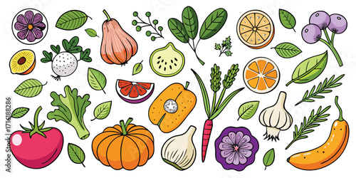 Vibrant assortment of fresh fruits and vegetables in artistic hand-drawn style