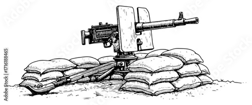 Heavy Machine Gun on Sandbag Fortification Sketch
