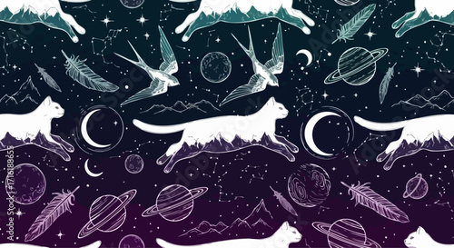 Whimsical white cats leap through starry skies with celestial moons, planets, and constellations.