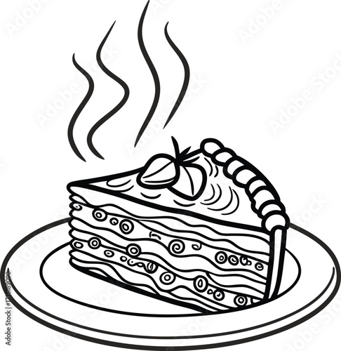 Steaming slice of lasagna on a white plate with steam wisps