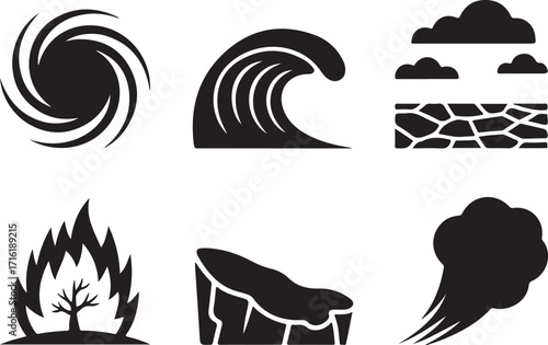 Natural disaster icons storm, wave, drought, fire, earth, wind