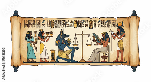 Ancient Egyptian scroll depicting the weighing of the heart ceremony for historical context