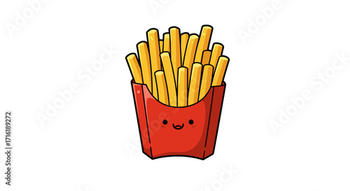 Cartoon illustration of french fries in a red box, smiling happily against a white background, featuring a flat, minimalist style with warm, golden tones.